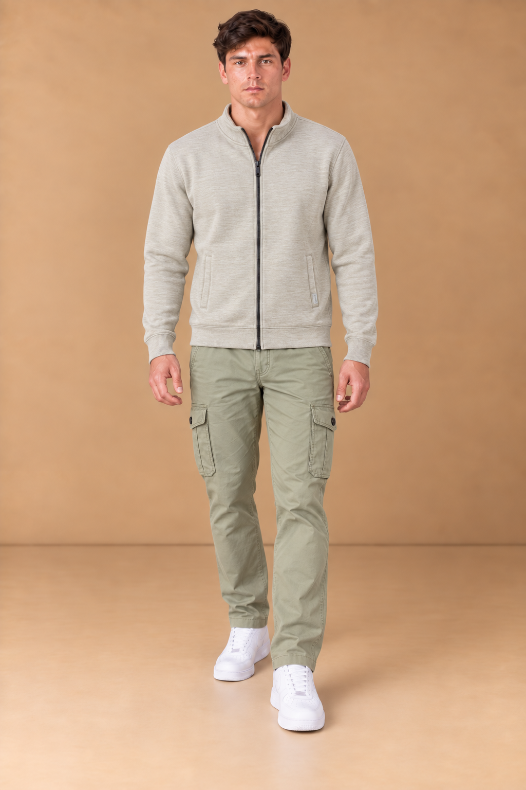 Men’s Natural Melange Cotton Blend Full-Zip Sweatshirt – Regular Fit
