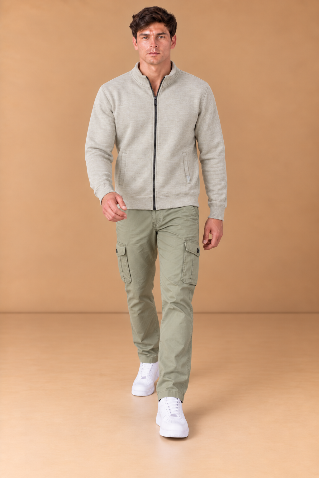 Men’s Natural Melange Cotton Blend Full-Zip Sweatshirt – Regular Fit