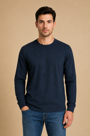 Men’s Dark Navy Brushed Seersucker Fleece Full Sleeve Winter Sweatshirt