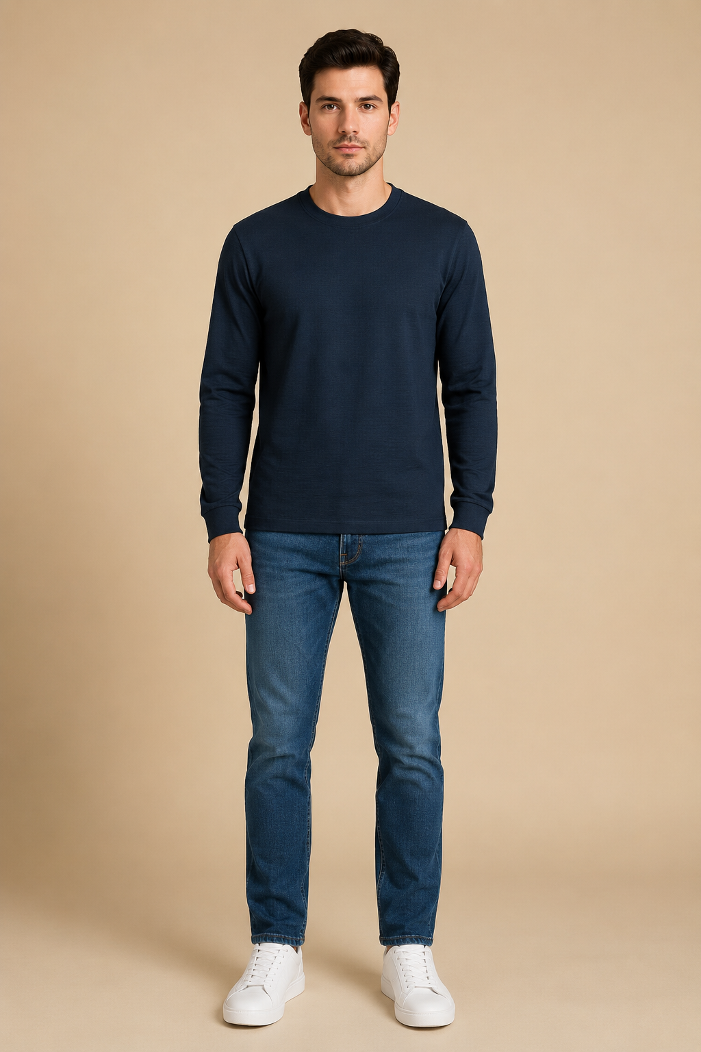 Men’s Dark Navy Brushed Seersucker Fleece Full Sleeve Winter Sweatshirt