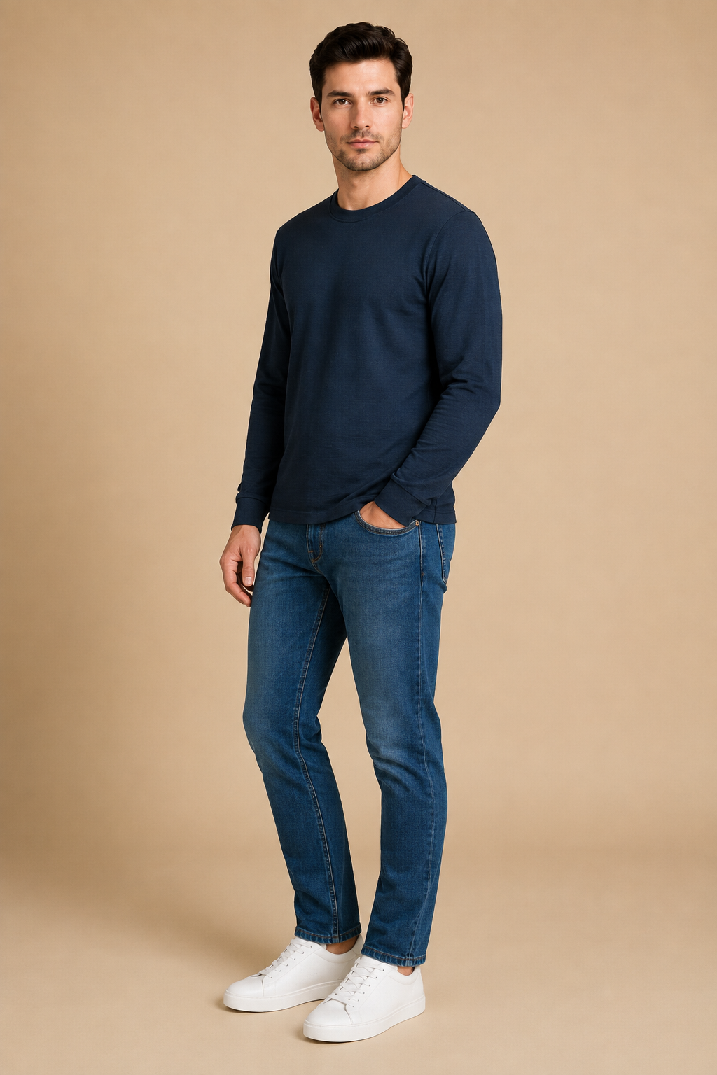 Men’s Dark Navy Brushed Seersucker Fleece Full Sleeve Winter Sweatshirt