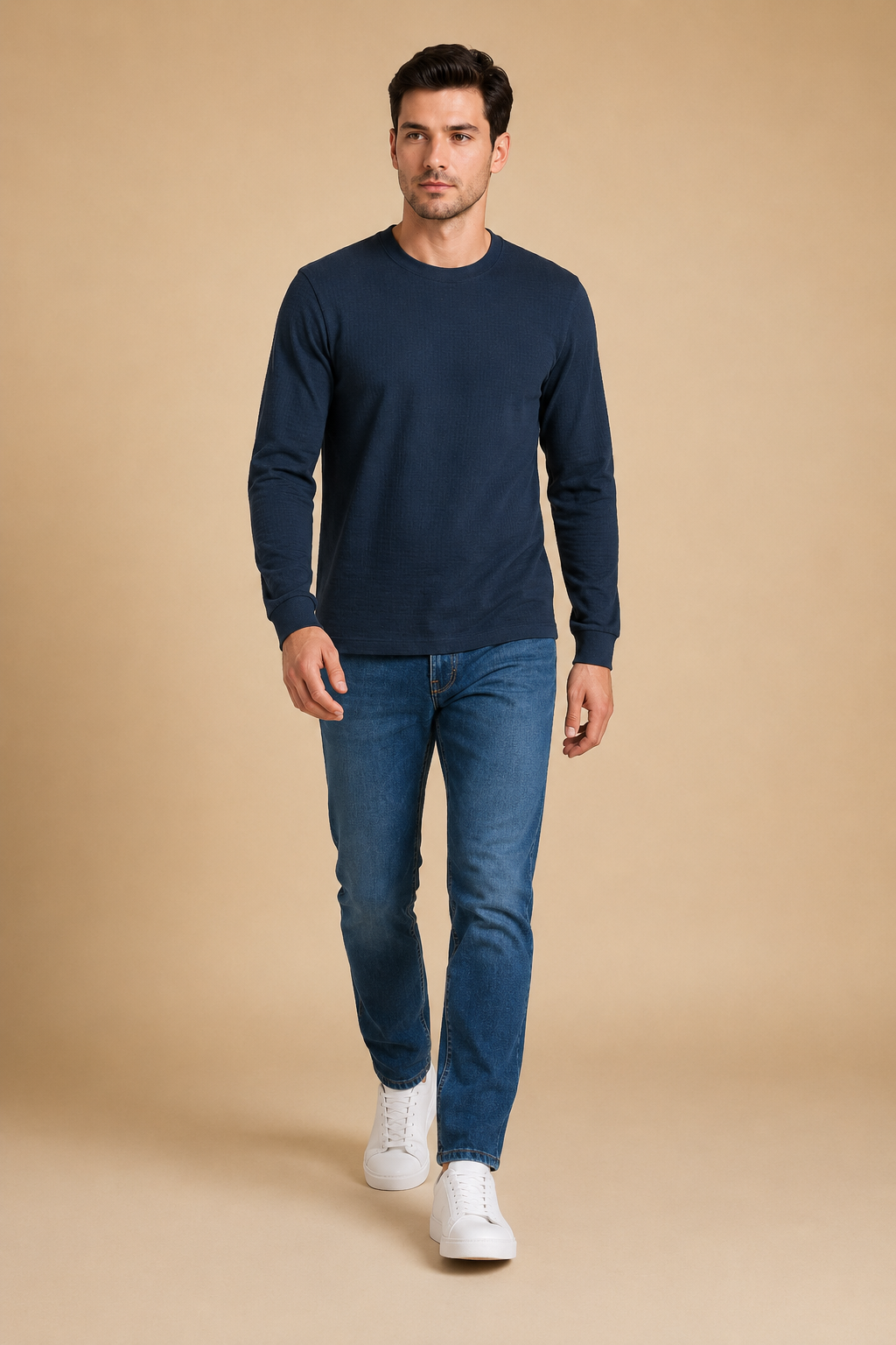 Men’s Dark Navy Brushed Seersucker Fleece Full Sleeve Winter Sweatshirt