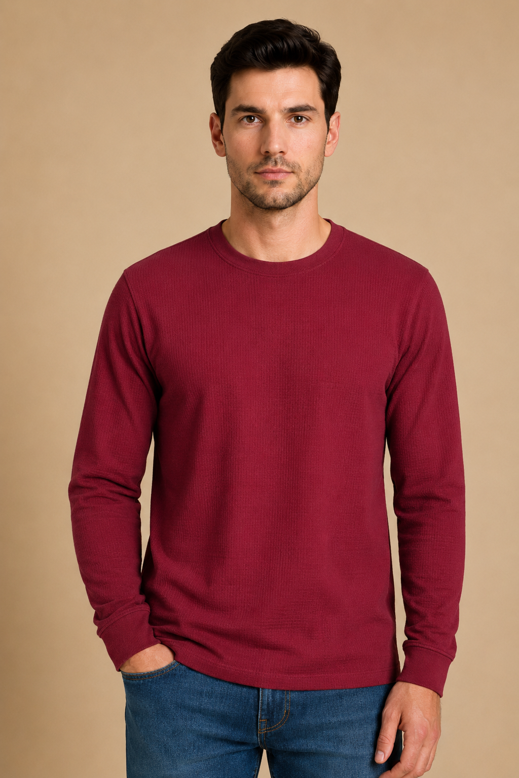 Men’s Deep Merlot Brushed Seersucker Fleece Full Sleeve Winter Sweatshirt