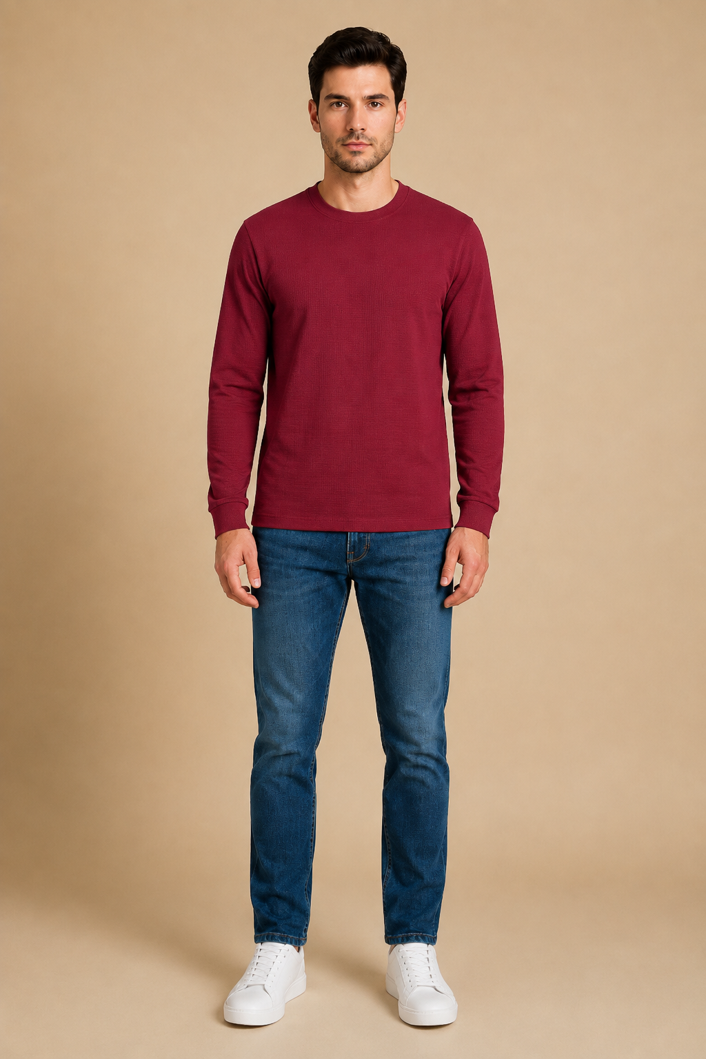 Men’s Deep Merlot Brushed Seersucker Fleece Full Sleeve Winter Sweatshirt