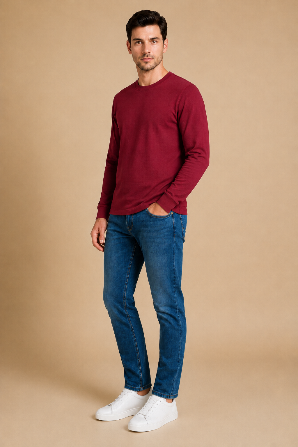 Men’s Deep Merlot Brushed Seersucker Fleece Full Sleeve Winter Sweatshirt
