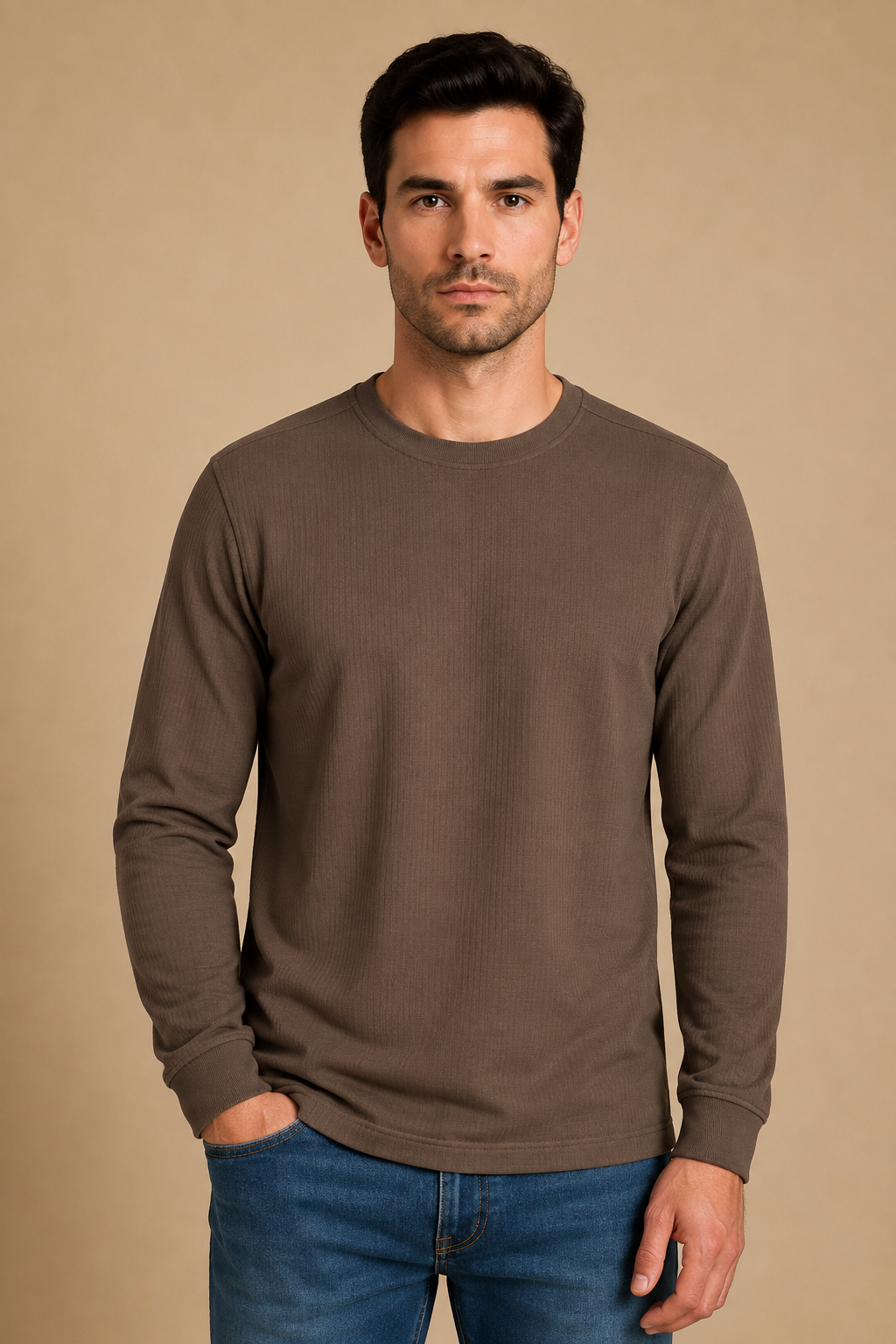 Men’s Espresso Brushed Seersucker Fleece Full Sleeve Winter Sweatshirt