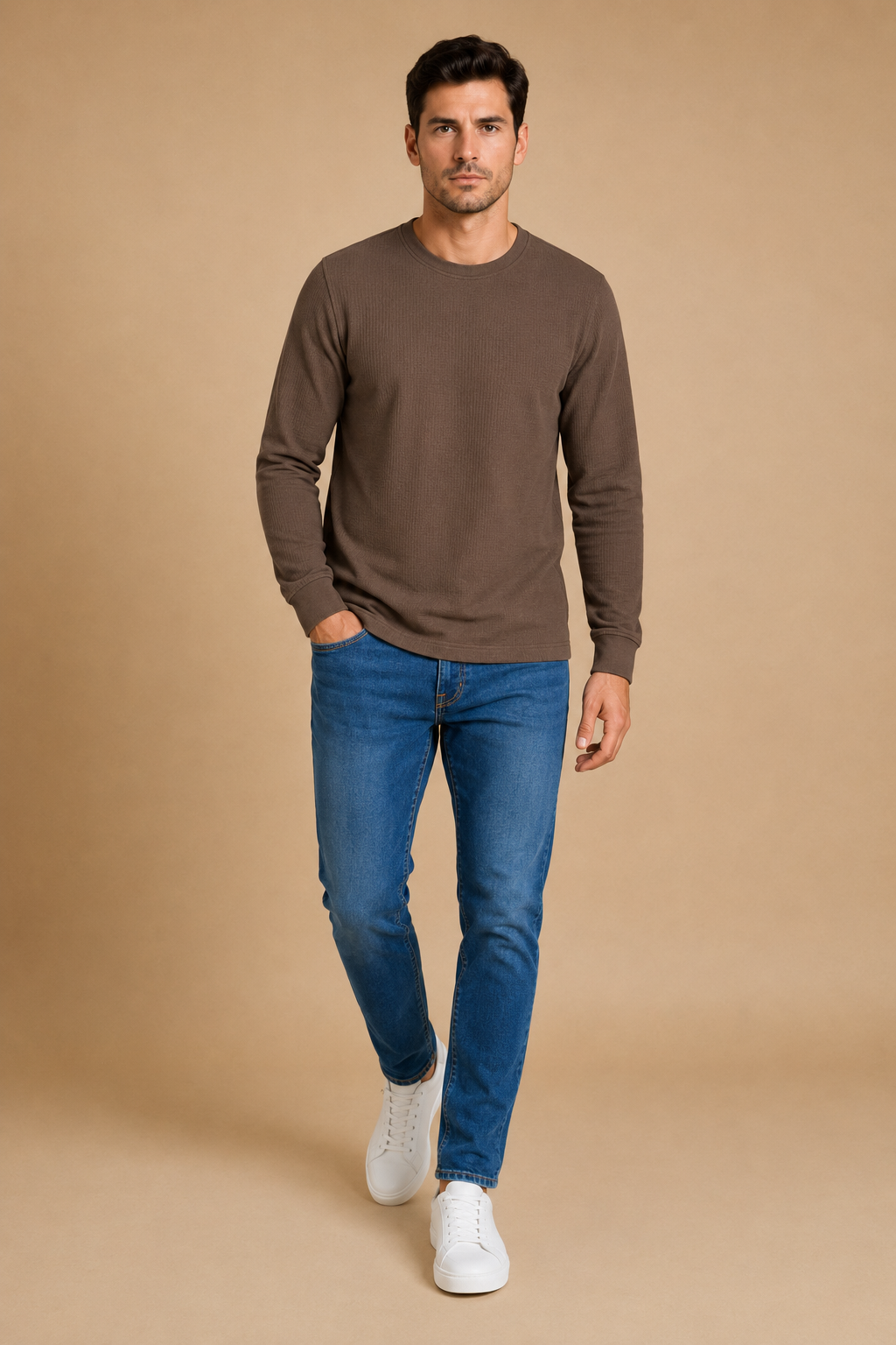 Men’s Espresso Brushed Seersucker Fleece Full Sleeve Winter Sweatshirt