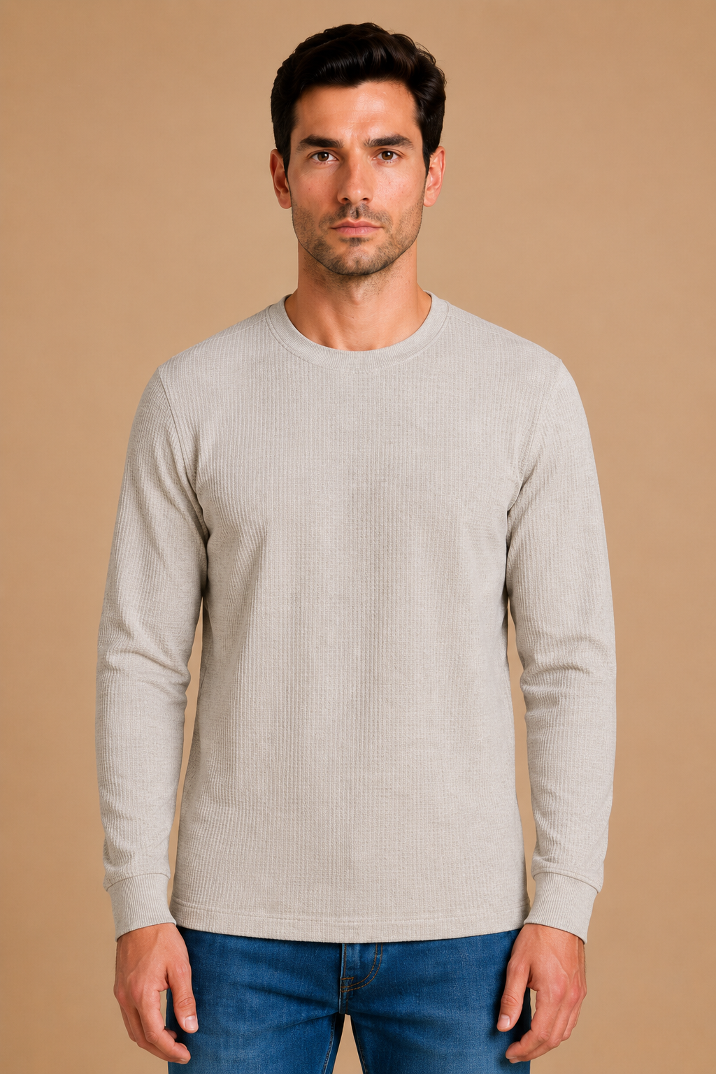 Men’s Linen Melange Brushed Seersucker Fleece Full Sleeve Winter Sweatshirt