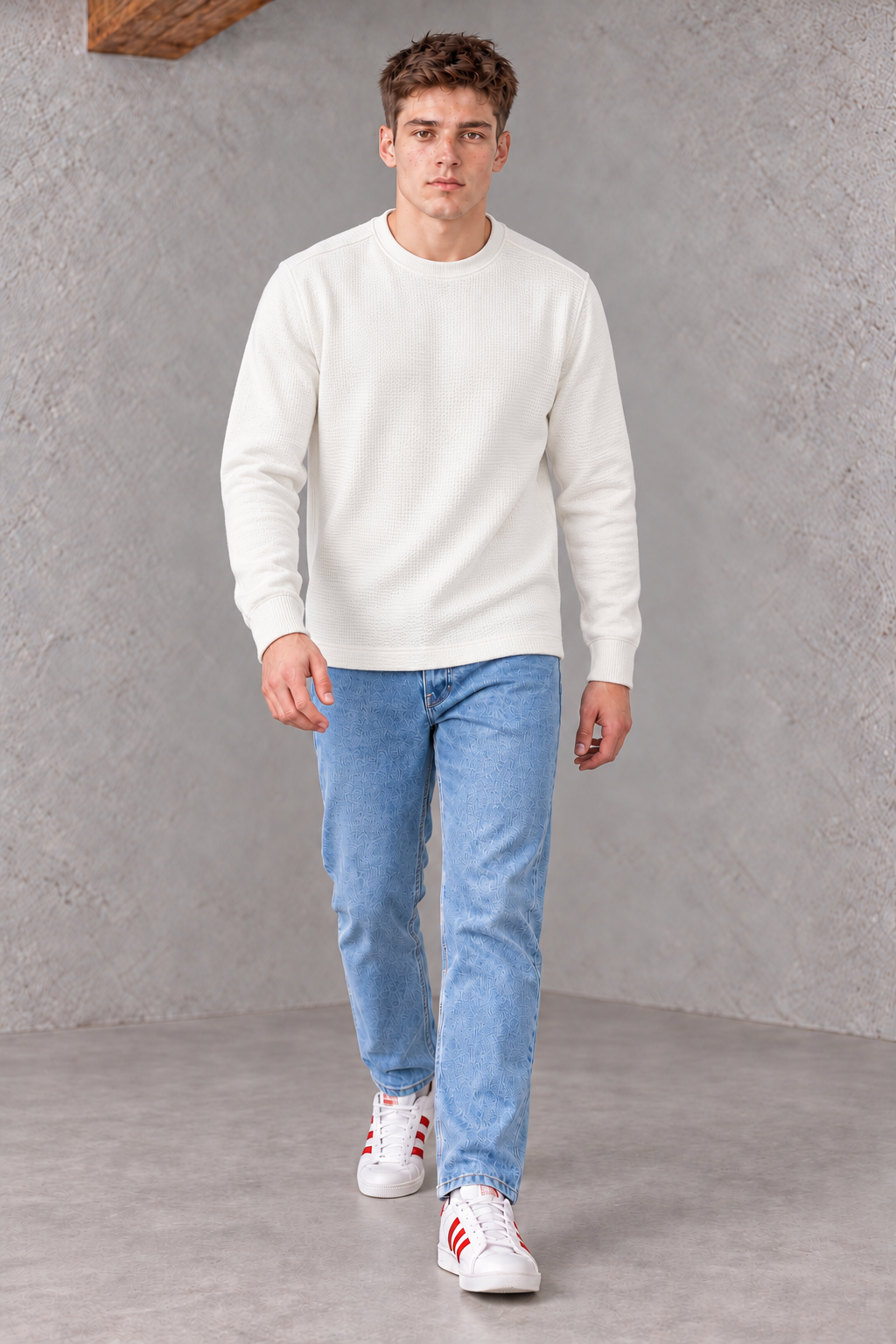 Men’s Off White Brushed Seersucker Fleece Full Sleeve Winter Sweatshirt