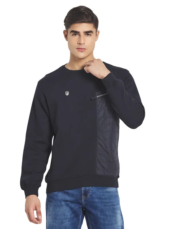 Octave Men Navy Blue Solid Fleece Round Neck Sweatshirt