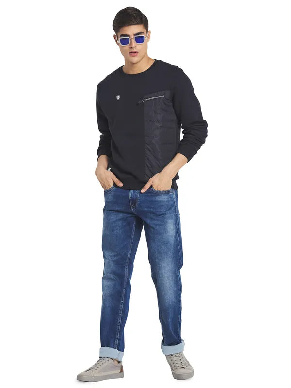 Octave Men Navy Blue Solid Fleece Round Neck Sweatshirt