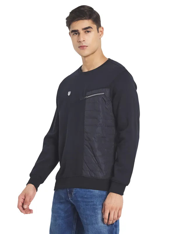 Octave Men Navy Blue Solid Fleece Round Neck Sweatshirt