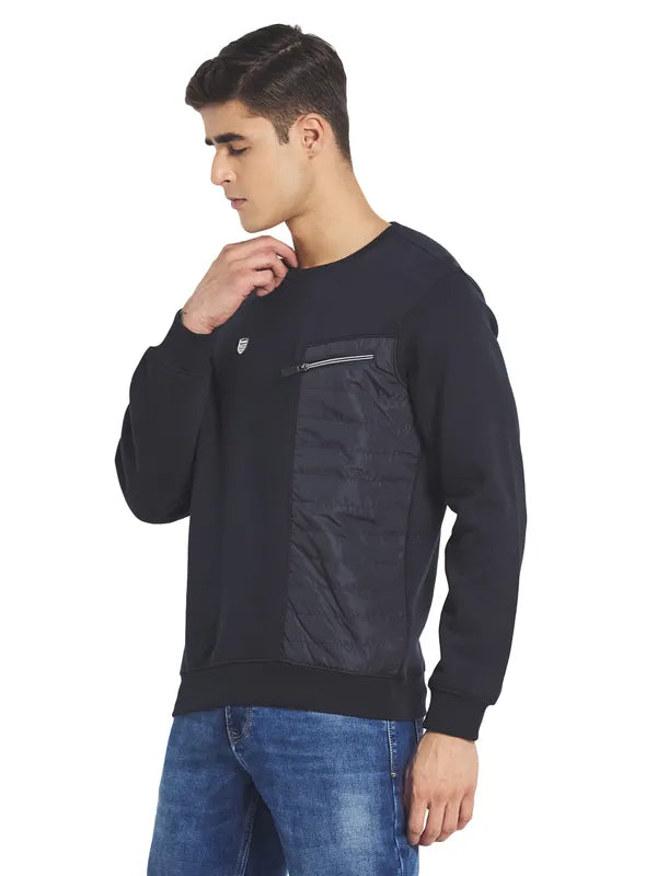 Octave Men Navy Blue Solid Fleece Round Neck Sweatshirt