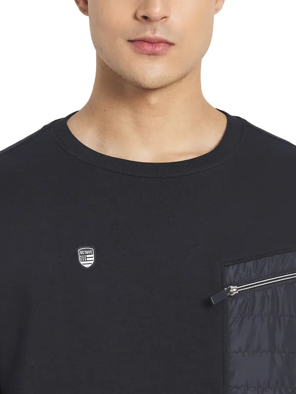 Octave Men Navy Blue Solid Fleece Round Neck Sweatshirt