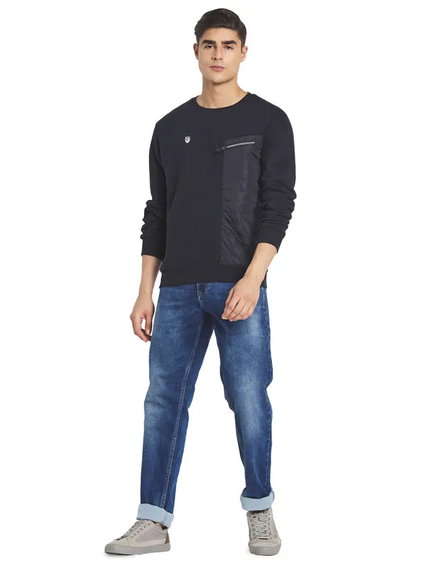 Octave Men Navy Blue Solid Fleece Round Neck Sweatshirt