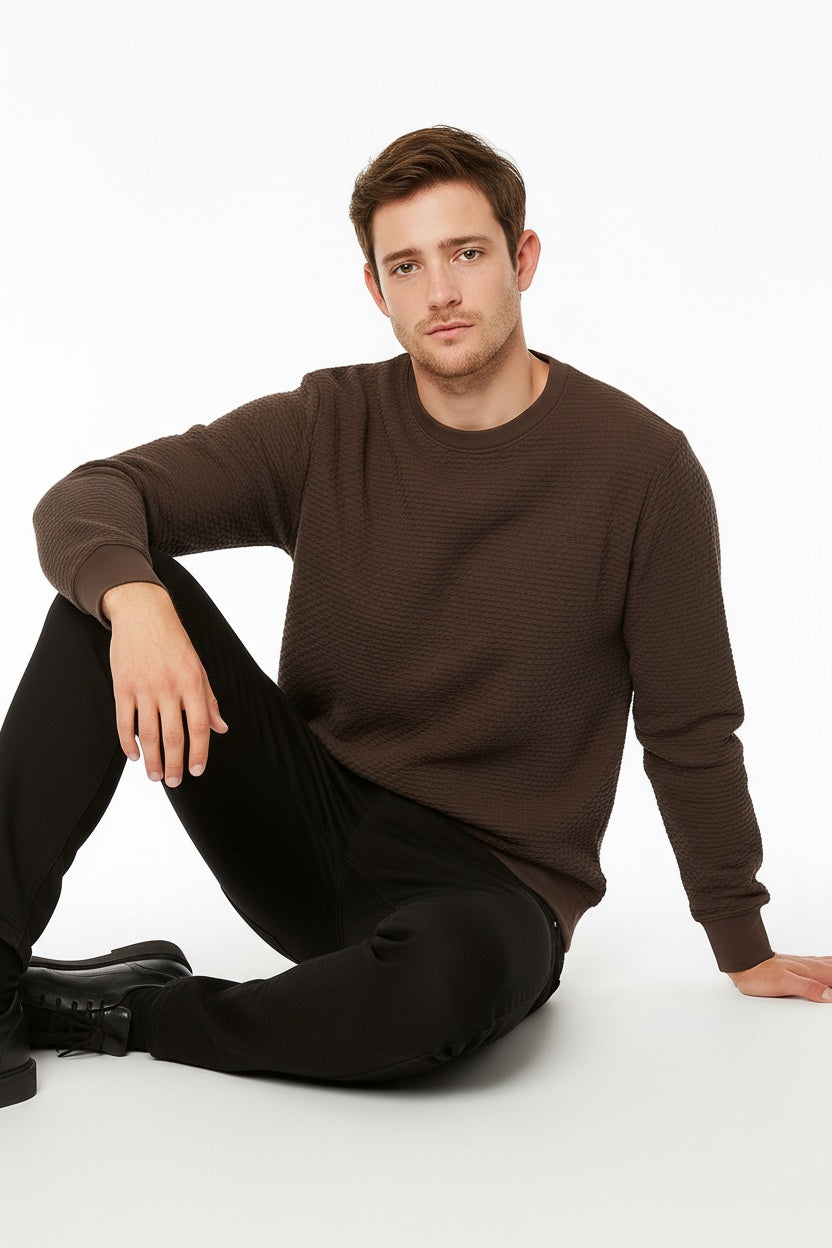 Octave Men Coffee Solid Round Neck Sweatshirt