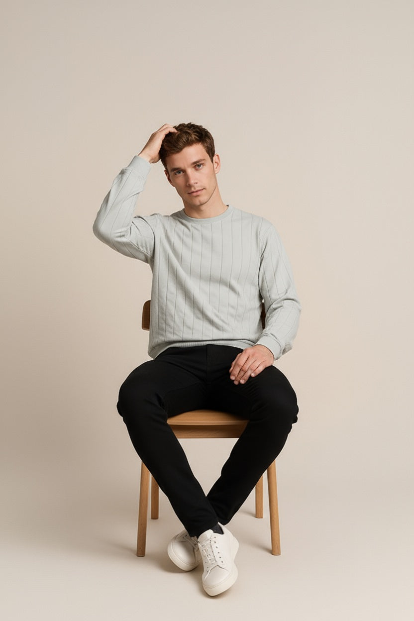 Octave Men Arctic Wolf Striped Round Neck Sweatshirt