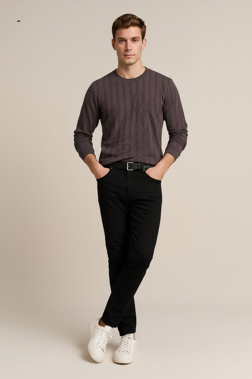 Octave Men Coffee Striped Round Neck Sweatshirt