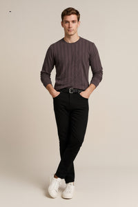 Octave Men Coffee Striped Round Neck Sweatshirt