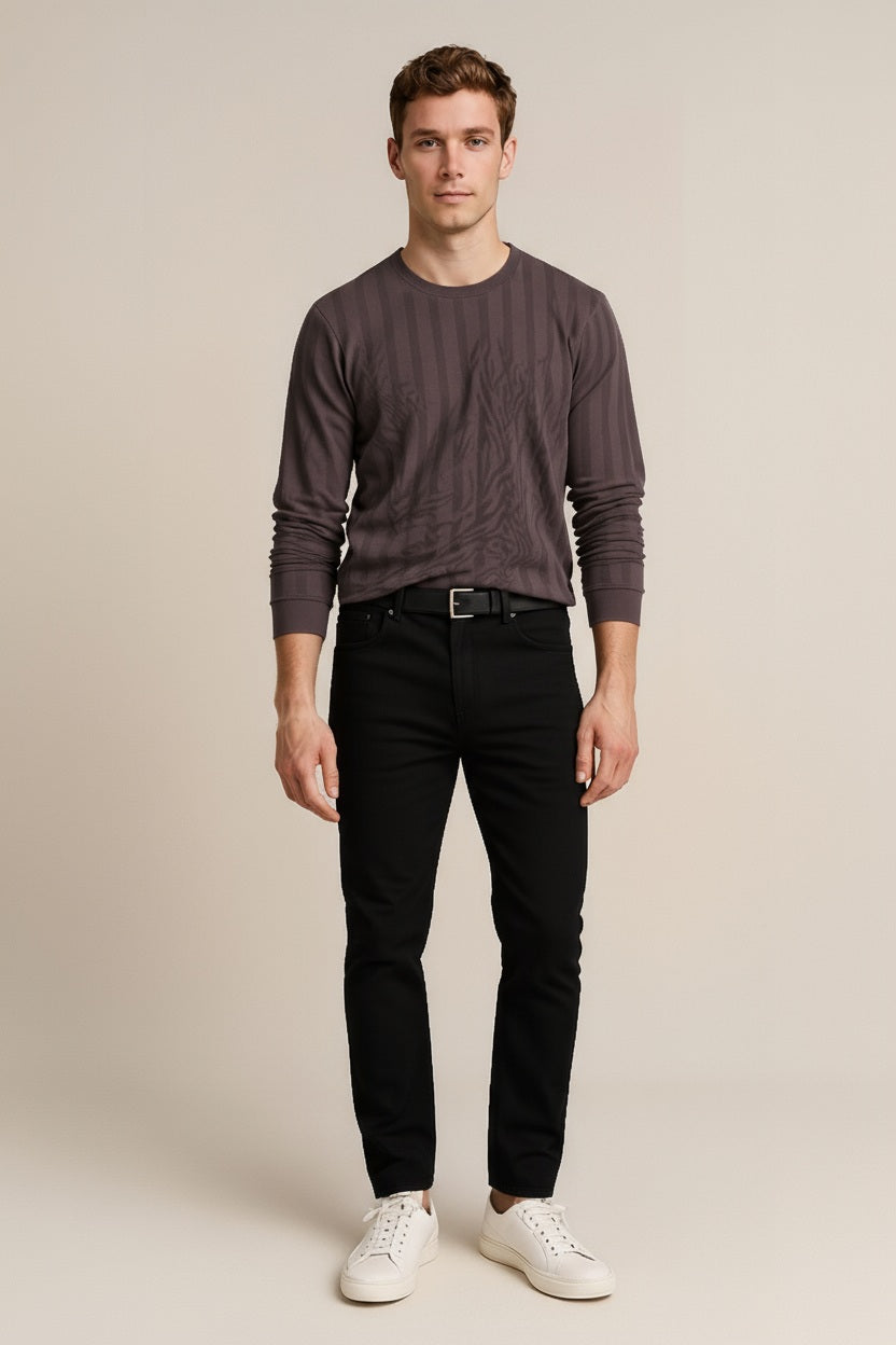Octave Men Coffee Striped Round Neck Sweatshirt