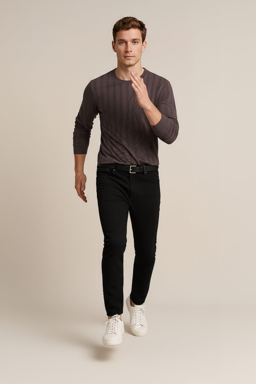 Octave Men Coffee Striped Round Neck Sweatshirt