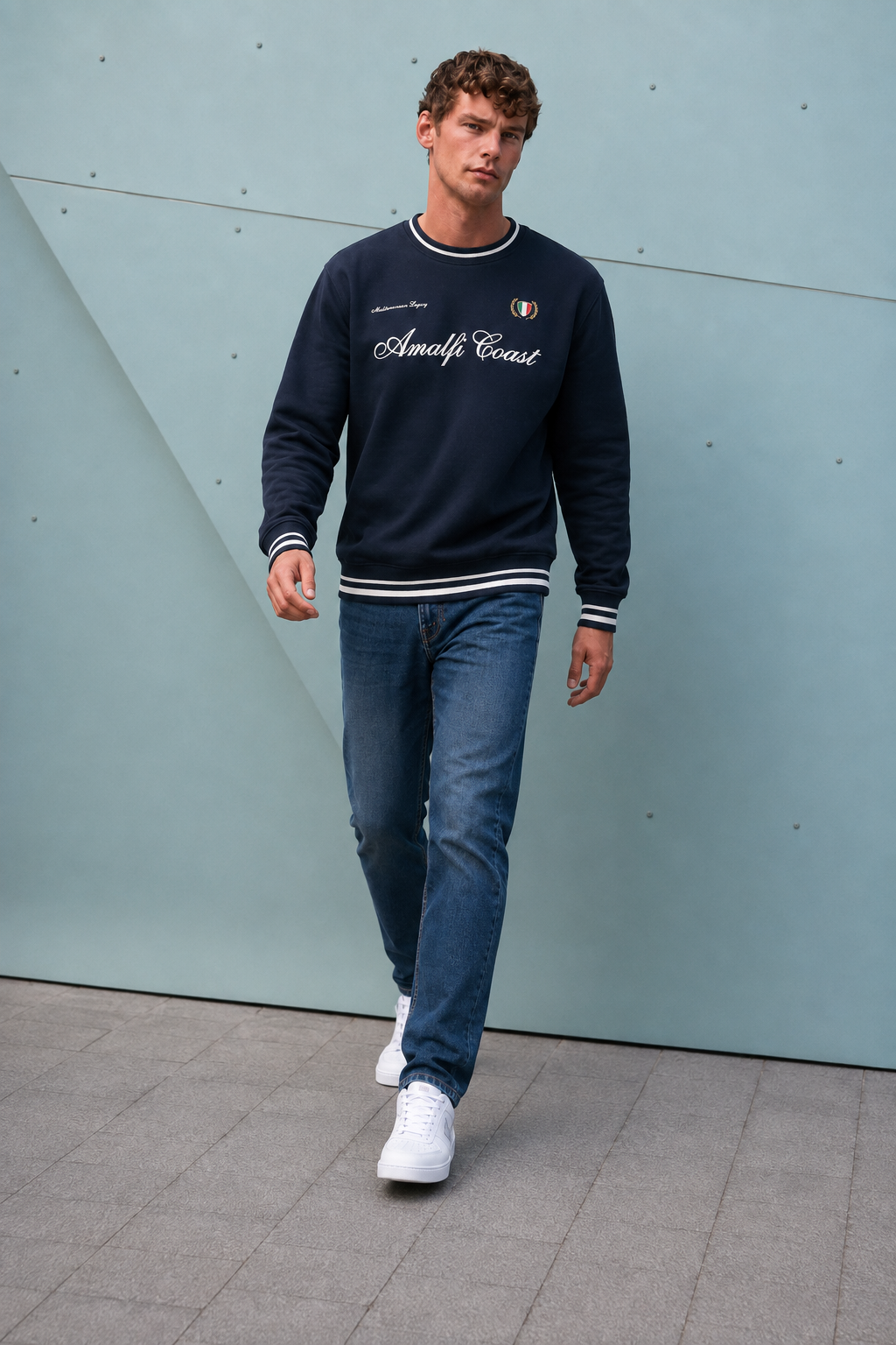 Men’s Dark Navy Cotton Fleece Crew Neck Sweatshirt – Regular Fit Full Sleeve Graphic Winter Sweatshirt