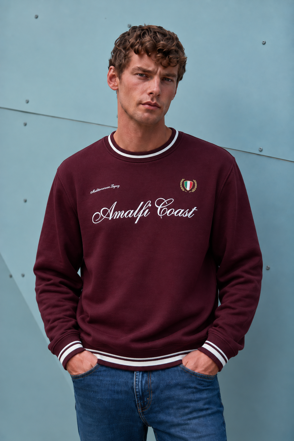 Men’s Wine Cotton Brushed Fleece Crew Neck Sweatshirt – Regular Fit