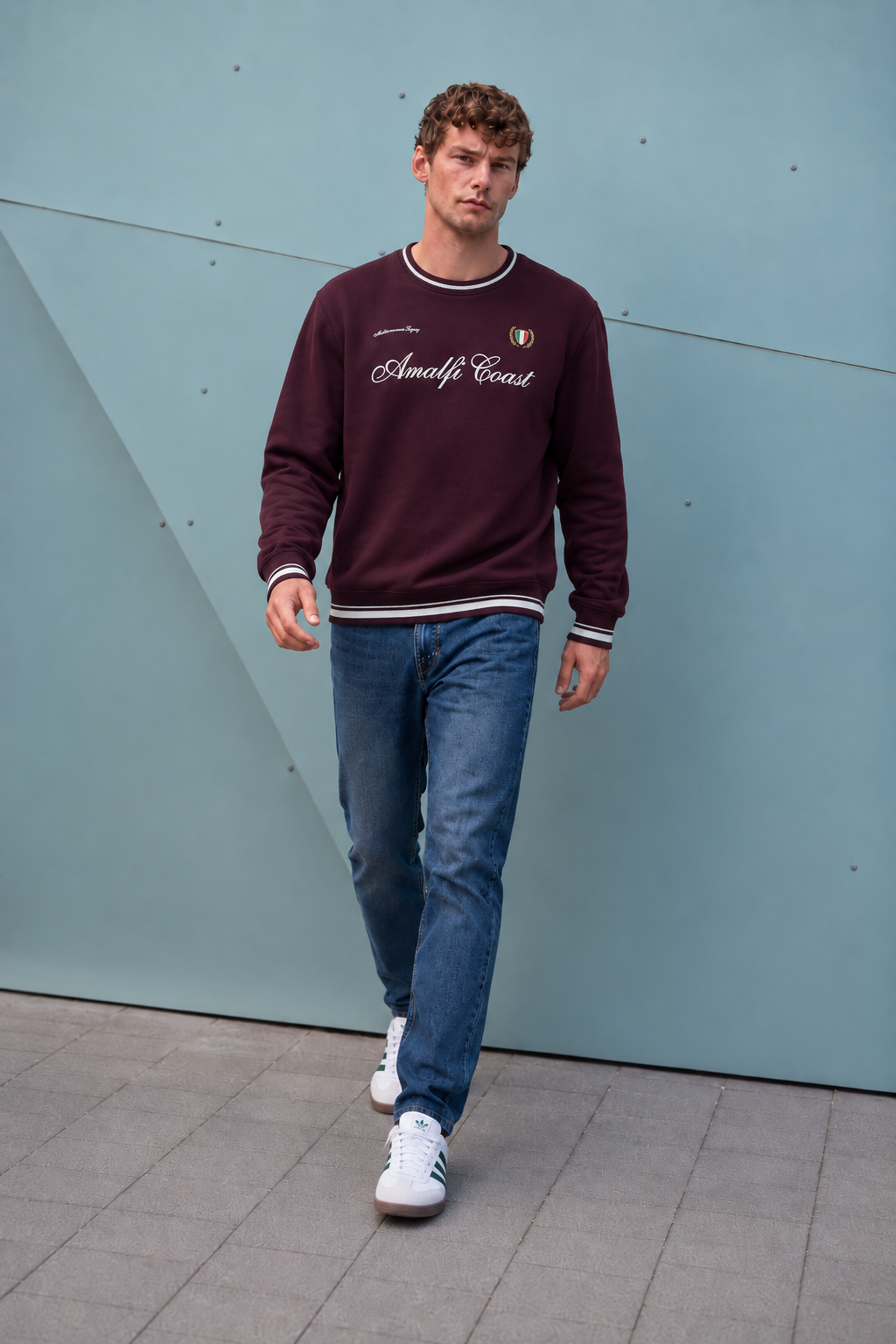 Men’s Wine Cotton Brushed Fleece Crew Neck Sweatshirt – Regular Fit