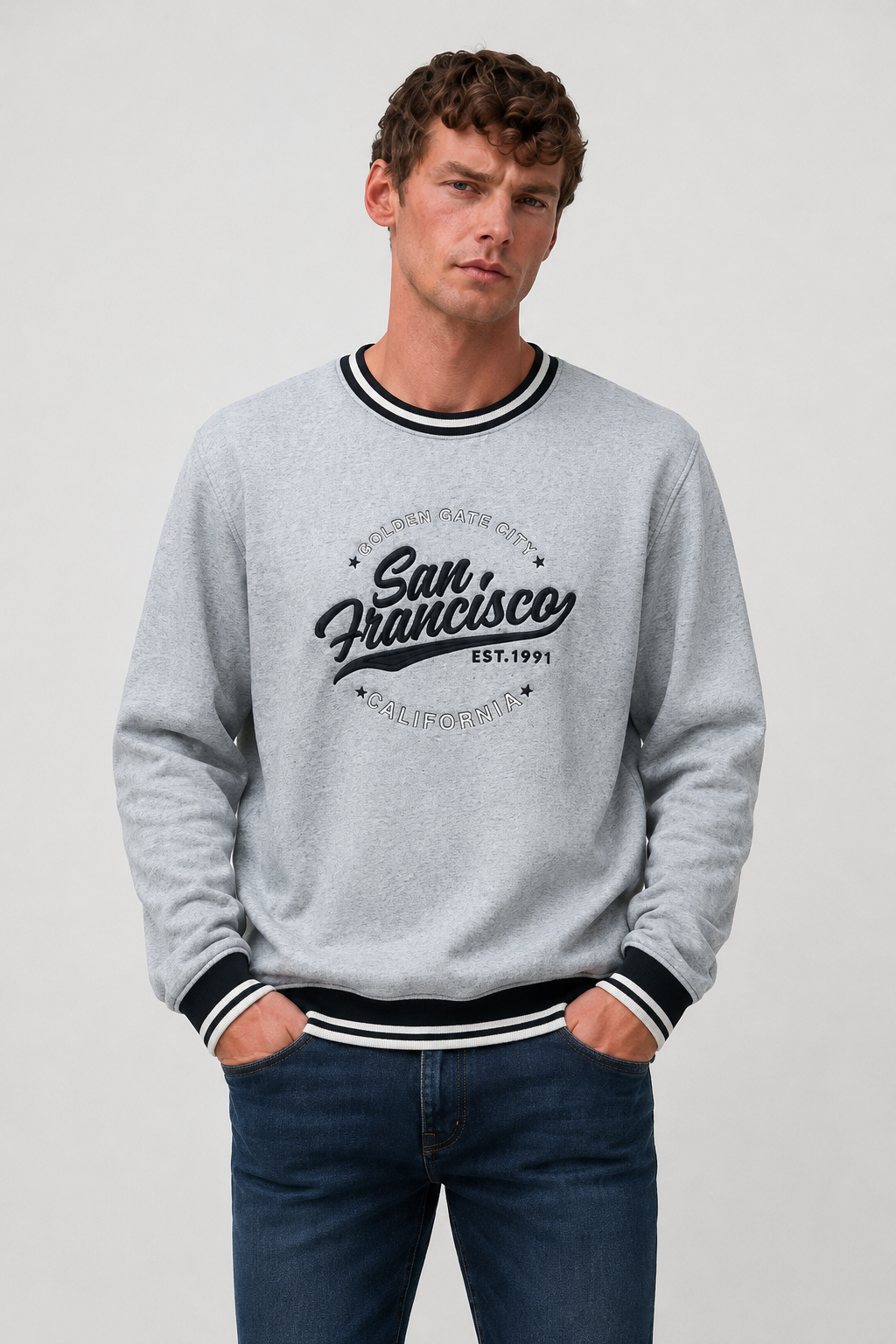 Men’s Grey Melange Cotton Fleece Crew Neck Sweatshirt – Regular Fit Full Sleeve Graphic Winter Sweatshirt