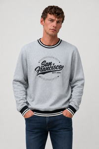 Men’s Grey Melange Cotton Fleece Crew Neck Sweatshirt – Regular Fit Full Sleeve Graphic Winter Sweatshirt