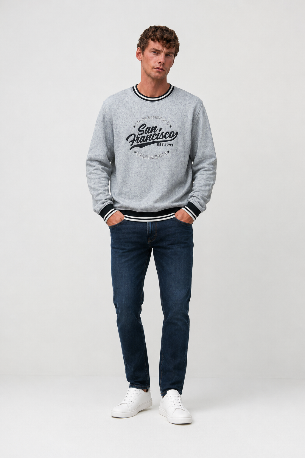 Men’s Grey Melange Cotton Fleece Crew Neck Sweatshirt – Regular Fit Full Sleeve Graphic Winter Sweatshirt