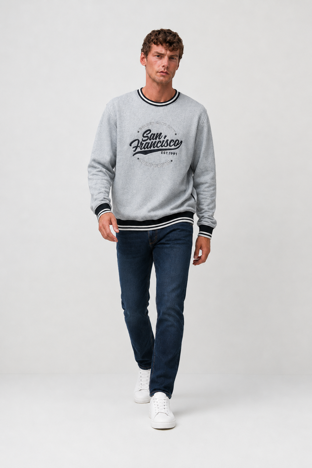 Men’s Grey Melange Cotton Fleece Crew Neck Sweatshirt – Regular Fit Full Sleeve Graphic Winter Sweatshirt