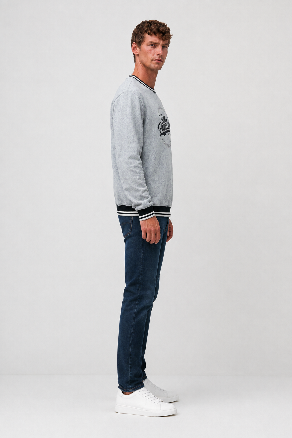 Men’s Grey Melange Cotton Fleece Crew Neck Sweatshirt – Regular Fit Full Sleeve Graphic Winter Sweatshirt