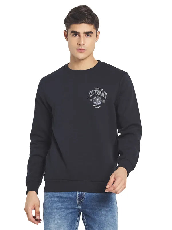 Octave Men Navy Blue Printed Fleece Round Neck Sweatshirt