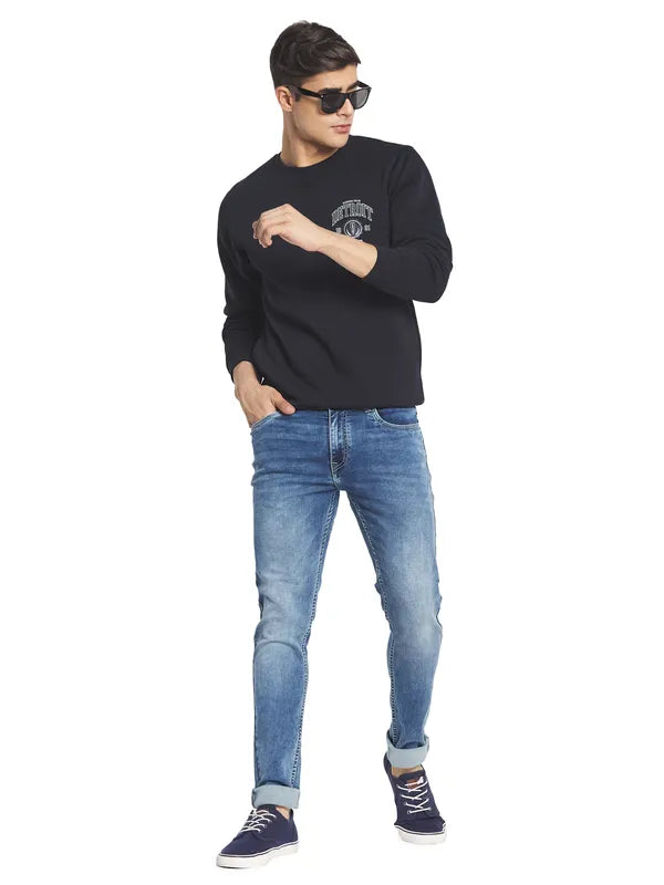 Octave Men Navy Blue Printed Fleece Round Neck Sweatshirt