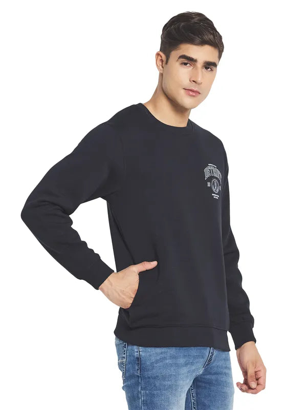 Octave Men Navy Blue Printed Fleece Round Neck Sweatshirt