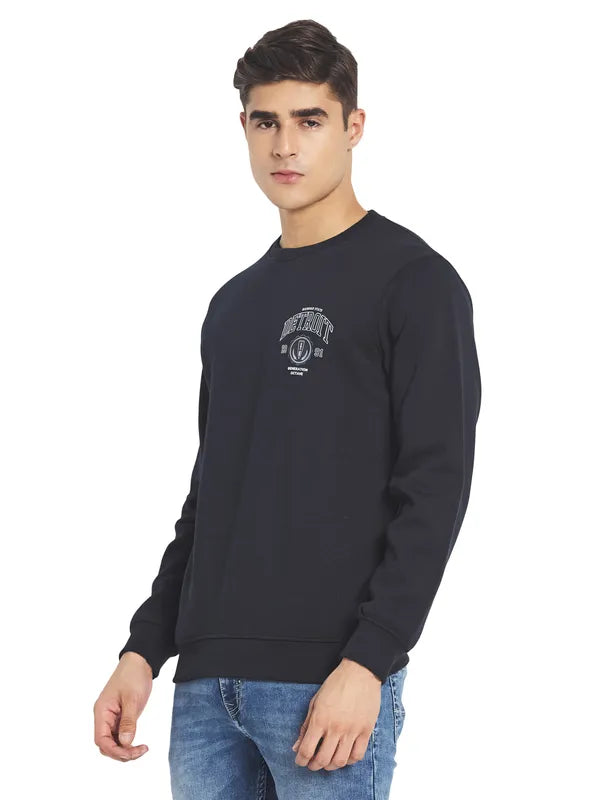Octave Men Navy Blue Printed Fleece Round Neck Sweatshirt