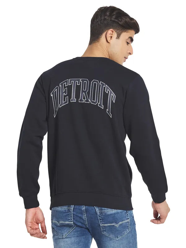 Octave Men Navy Blue Printed Fleece Round Neck Sweatshirt