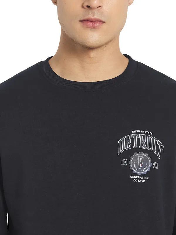 Octave Men Navy Blue Printed Fleece Round Neck Sweatshirt