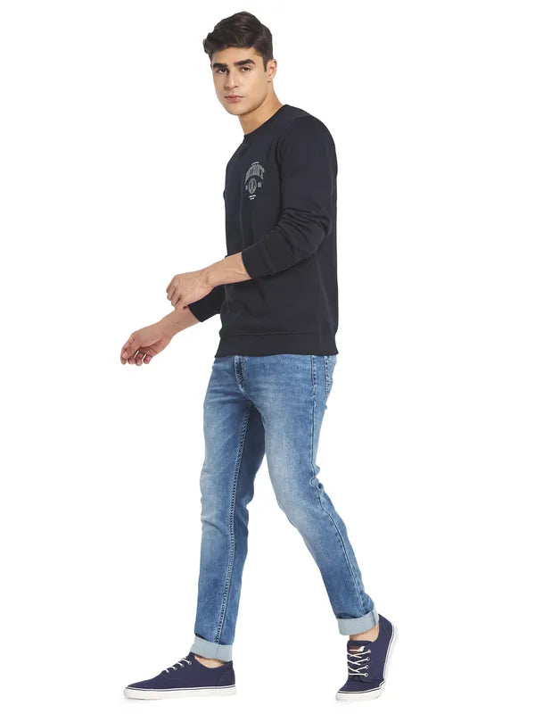 Octave Men Navy Blue Printed Fleece Round Neck Sweatshirt