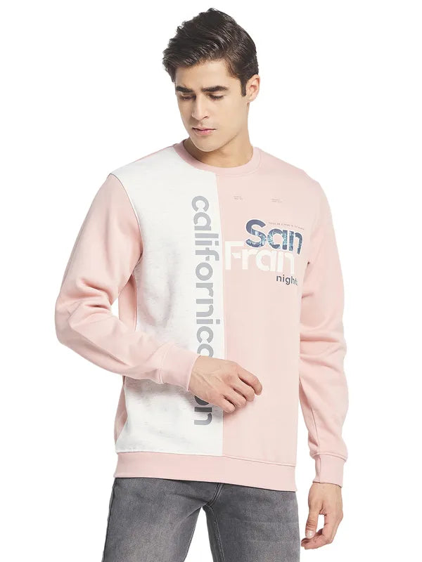 Octave Men Pink  White Printed Fleece Round Neck Sweatshirt