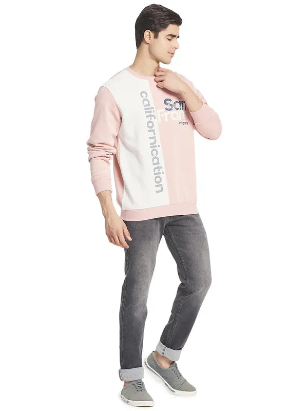 Octave Men Pink  White Printed Fleece Round Neck Sweatshirt