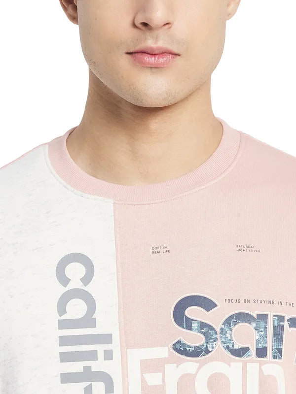 Octave Men Pink  White Printed Fleece Round Neck Sweatshirt