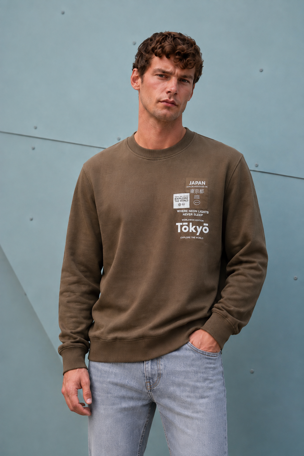Men's Regular Fit Cocoa Brown Brushed Cotton Fleece Sweatshirt with Tokyo Graphic Print-J-233W26