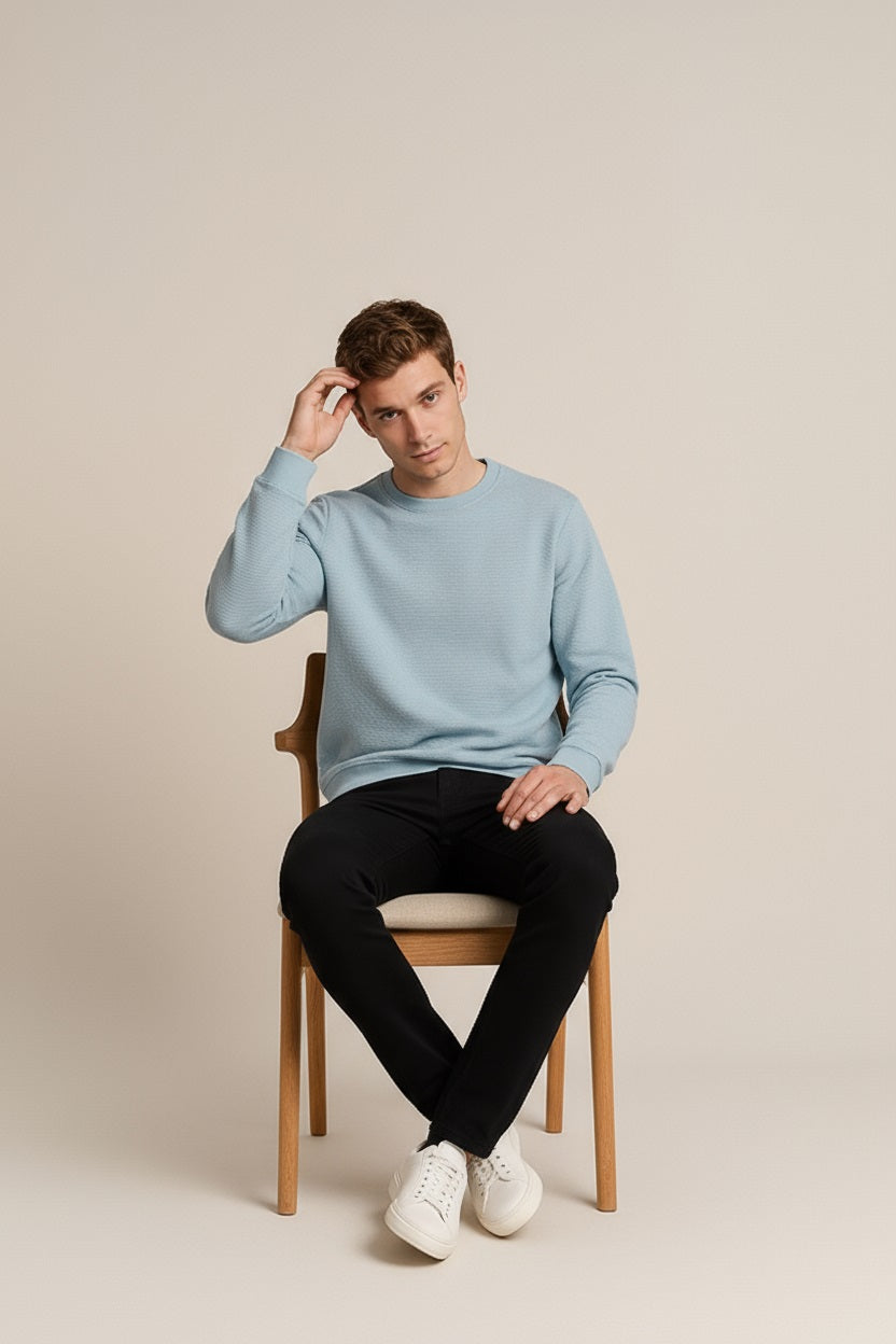 Octave Men Oxford Blue Solid Round Neck Sweatshirt