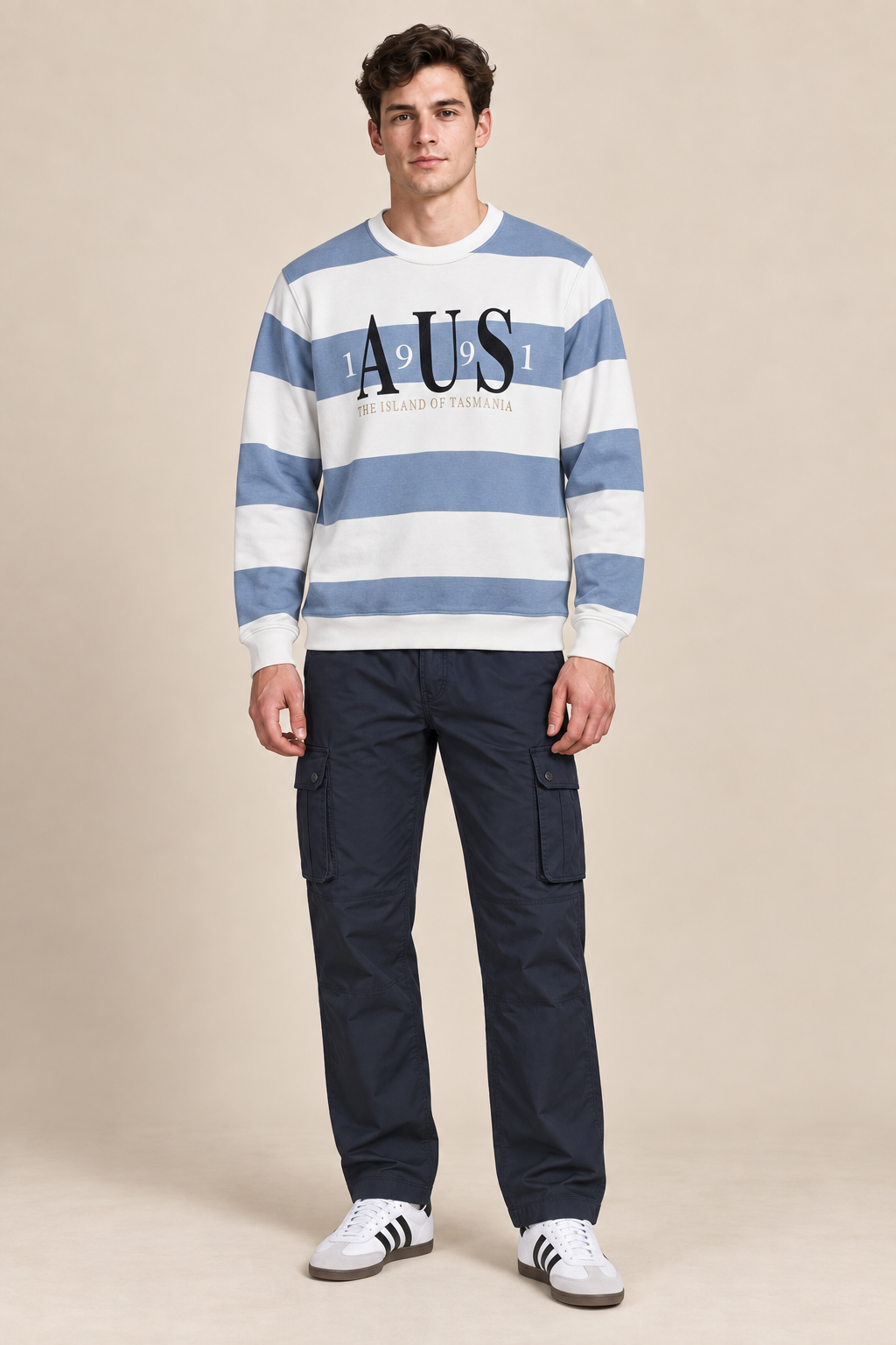 Men’s Oxford Blue Cotton Blend Graphic Sweatshirt – Regular Fit Crew Neck