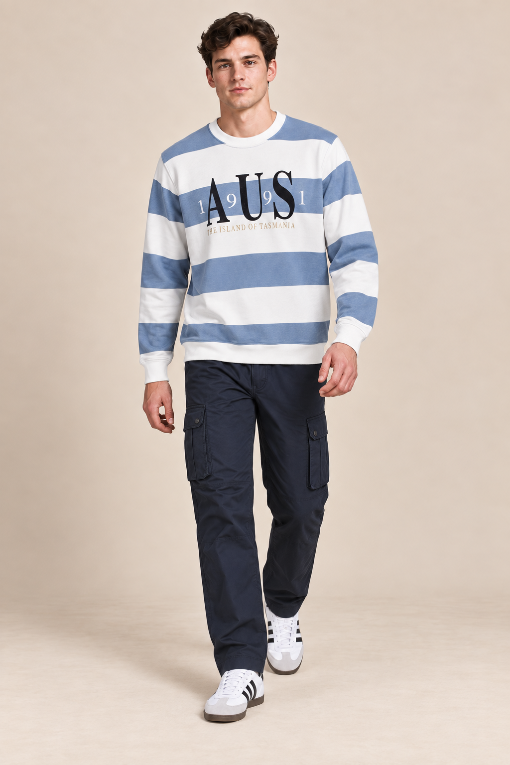 Men’s Oxford Blue Cotton Blend Graphic Sweatshirt – Regular Fit Crew Neck