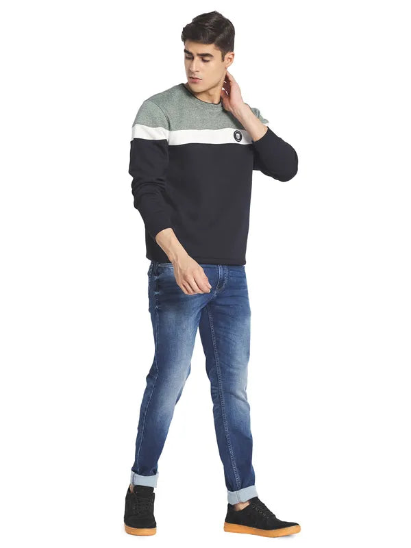Octave Men Navy Blue Colourblocked Fleece Sweatshirt