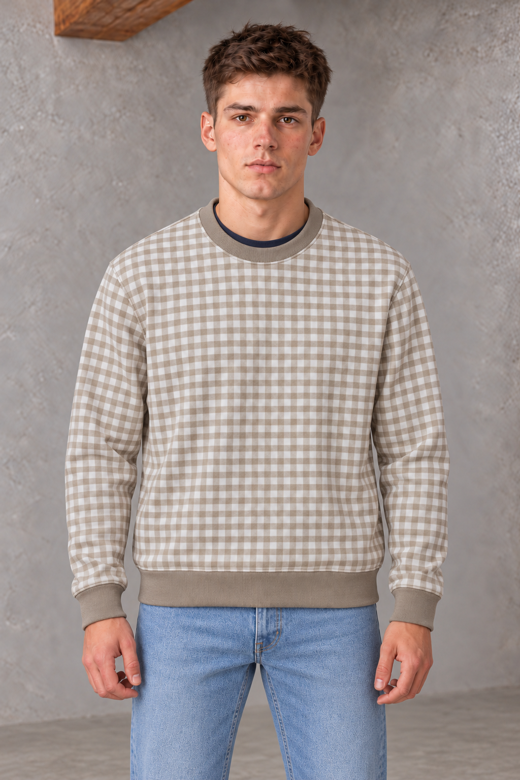 Men's Natural Checkered Sweatshirt | Super Soft German Velvet Crew Neck Pullover