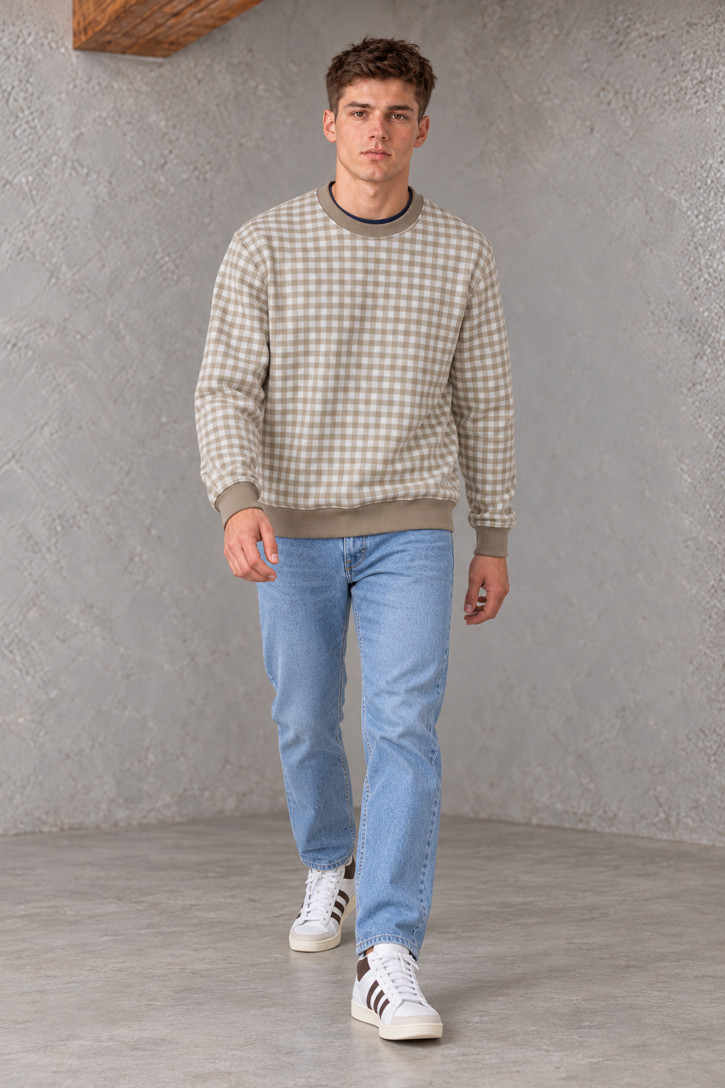 Men's Natural Checkered Sweatshirt | Super Soft German Velvet Crew Neck Pullover